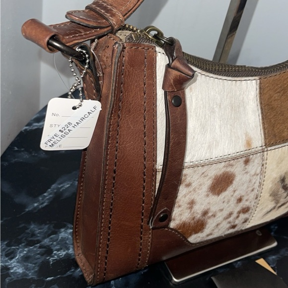 FRYE Handbag Melissa Haircalf Patchwork Leather Zip Crossbody Brown AUTHENTIC - Picture 6 of 10